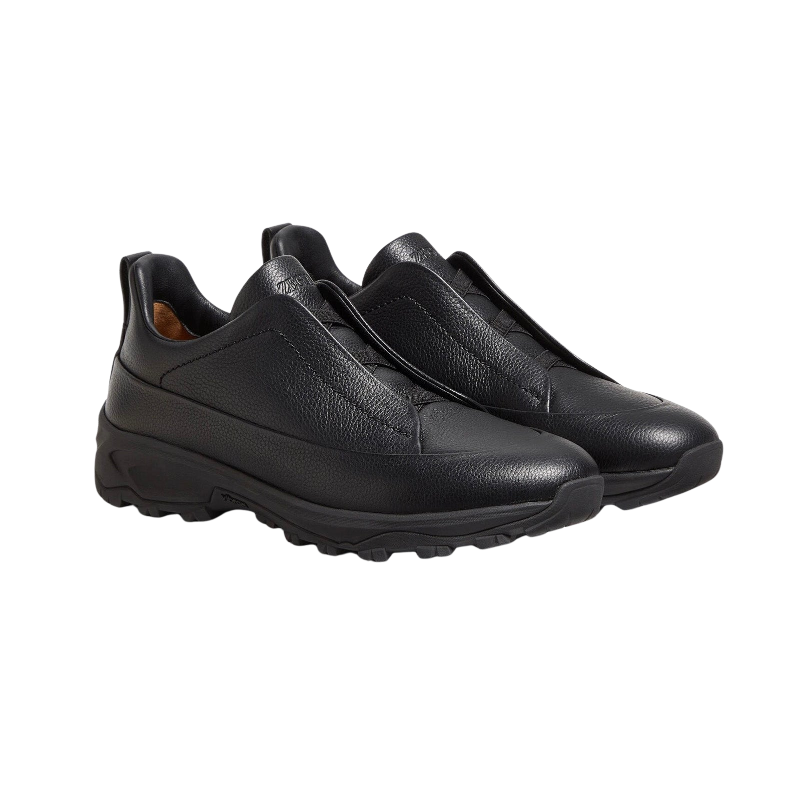 Zegna - Triple Stitch Monte Grained Calf Leather Black Slip On Sneakers
