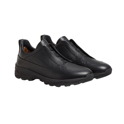 Zegna - Triple Stitch Monte Grained Calf Leather Black Slip On Sneakers