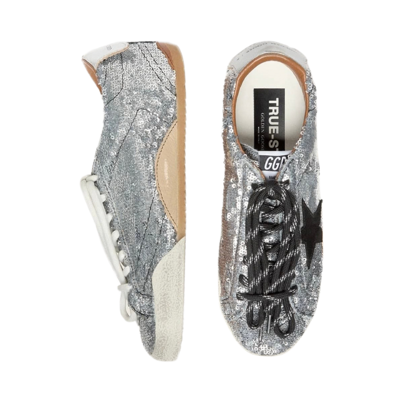 Golden Goose True-Star in silver sequins with black star and silver leather heel tab(Women's)