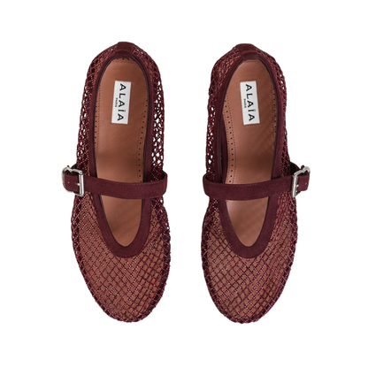 Alaia Fishnet Ballet Flats Burgundy in Crystal Mesh