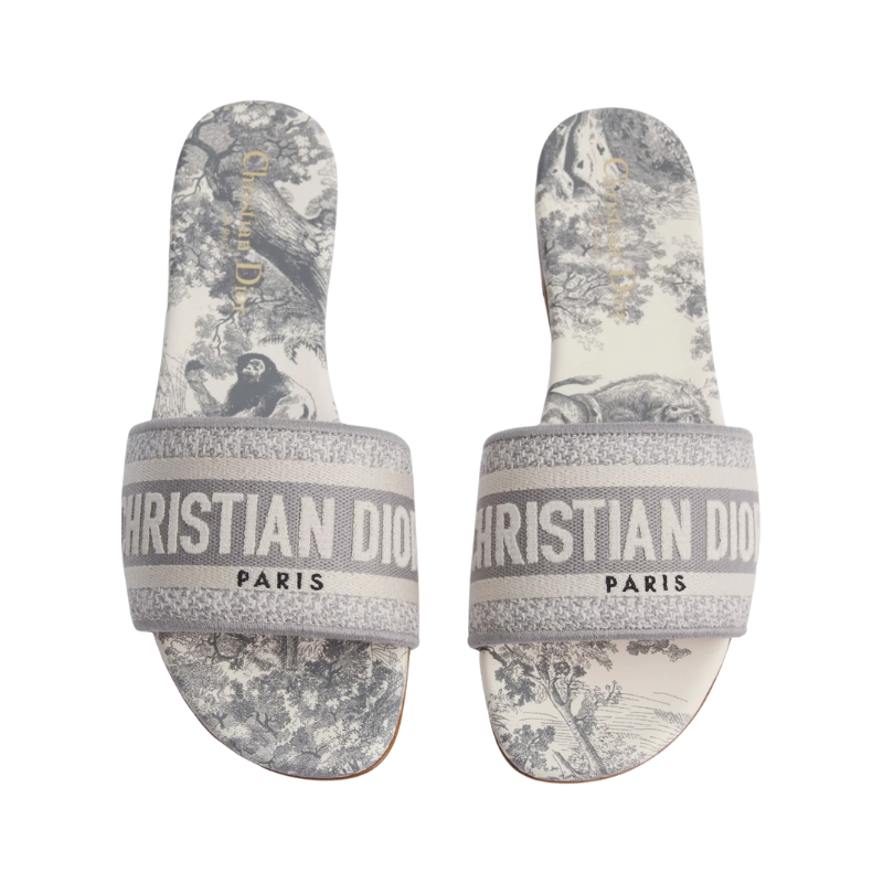 Dway Slide Gray Embroidered Cotton and Toile de Jouy Motif